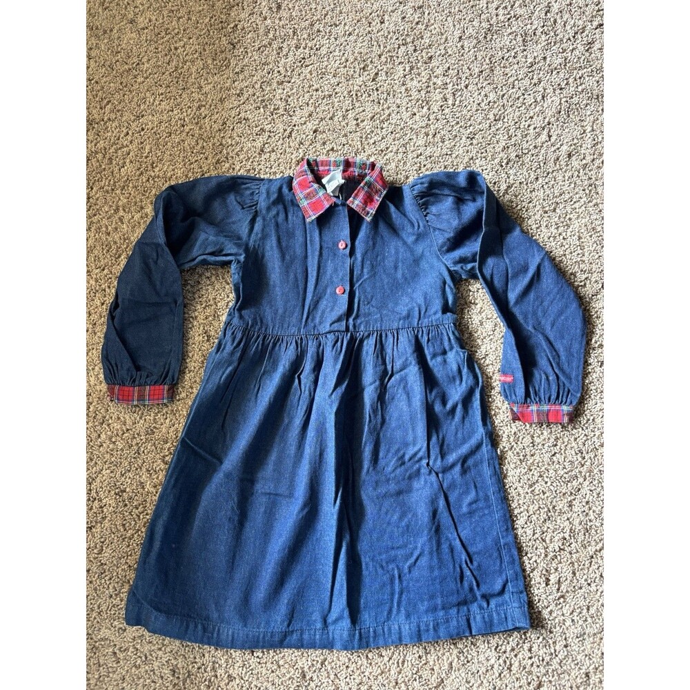 Osh Kosh Vintage Blue Denim Red Plaid Accent Button Front Dress Size 6X Genuine